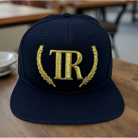 True Religion Hat Cap Snap Back Leaf Embroidered Mens One Size Dress Blue Gold - Picture 1 of 10